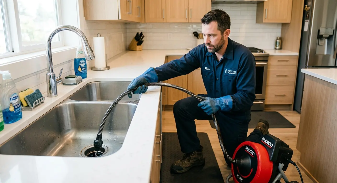 Drain cleaning technician using a motorized snake on a kitchen sink in Nederland