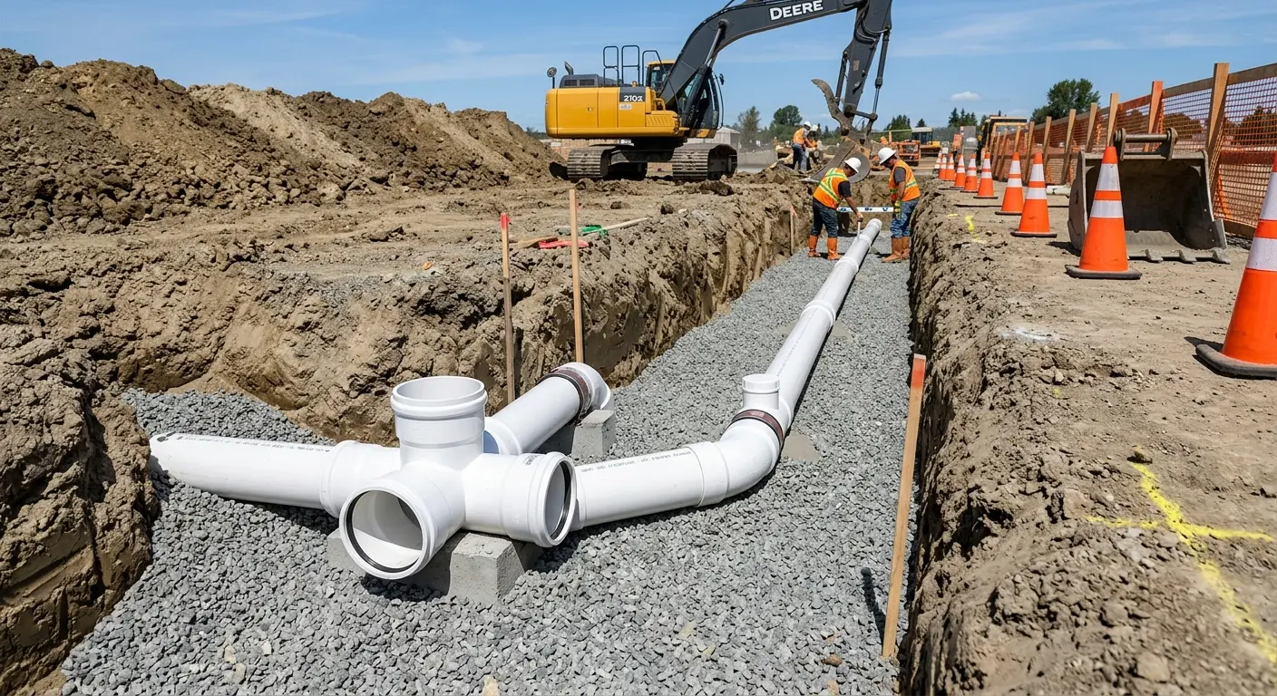 New PVC sewer pipe installation in open trench for Grease Trap Cleaning in Nederland