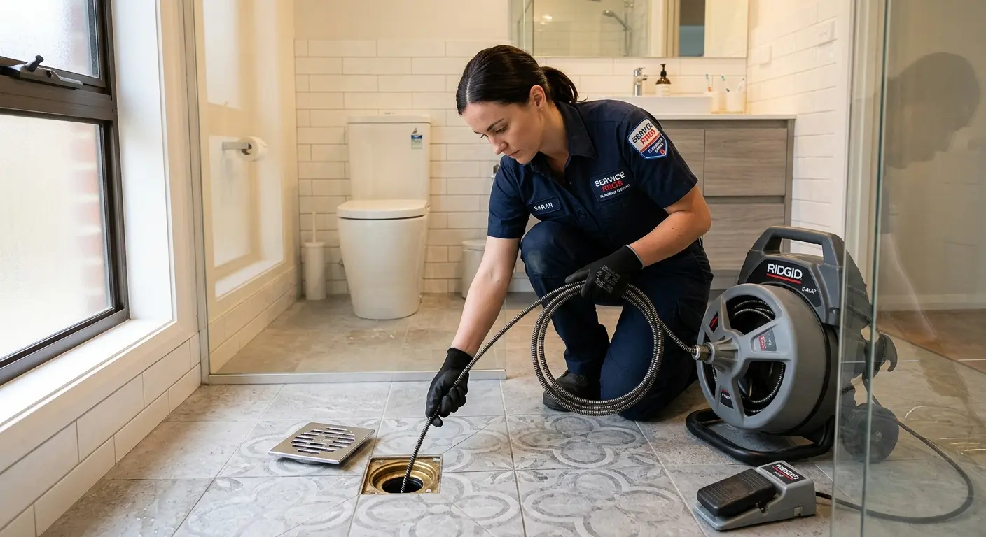 Technician clearing a bathroom floor drain for Sewer Line Installation in Nederland